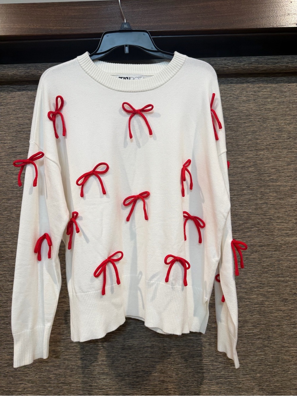 Beach Riot White Pullover Sweater with Red Bow Appliqués